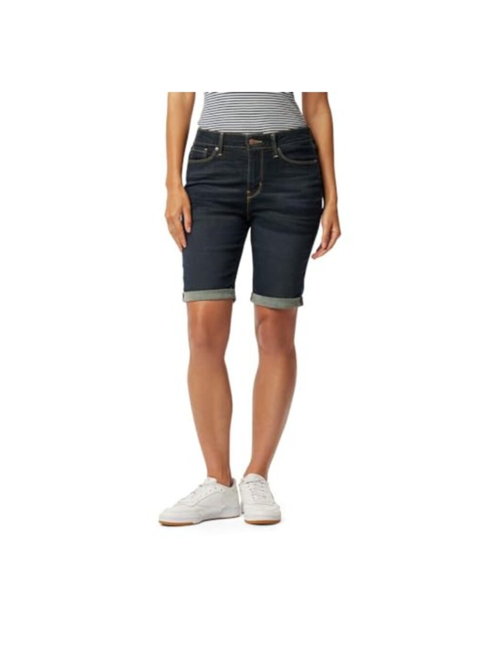 Mid-Rise Bermuda Jean Shorts Super Stretchy Denim Cuffed Summer